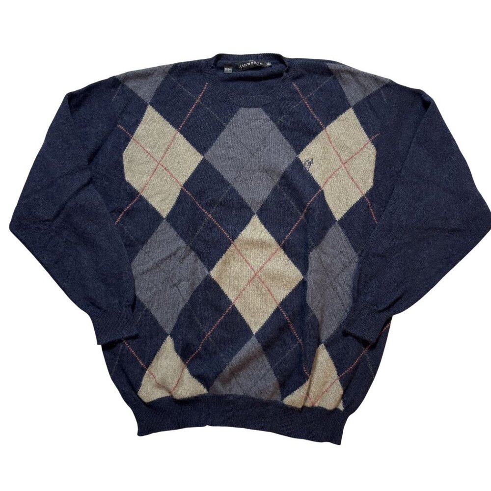 Mens SZ XL Ashworth Argyle Sweater Blue Beige Wool Blend Crew Neck Long Sleeves